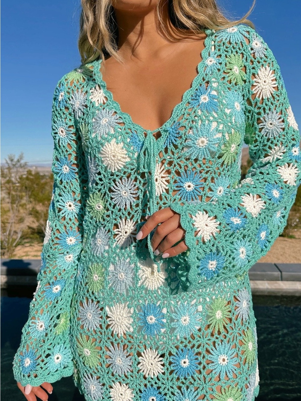 Show Me Your Mumu Vacay Mini Coverup ~ Blue Multi Floral Crochet